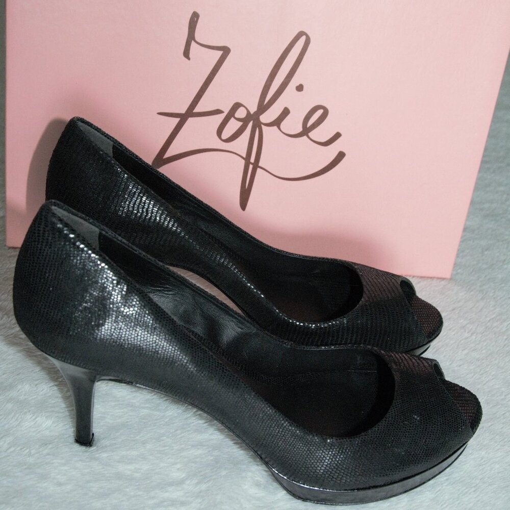 Zofie Lucia Platform Peep Toe Pump Black Raindrop Suede for Women